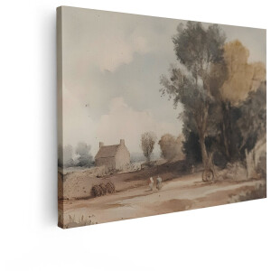 Artaza Canvas Schilderij Rustieke Boerderij met Figuren op een Landweg - Omringd door Bomen en Velden - 120x90 cm - Groot - Wanddecoratie Woonkamer - Schilderijen - Muurdecoratie