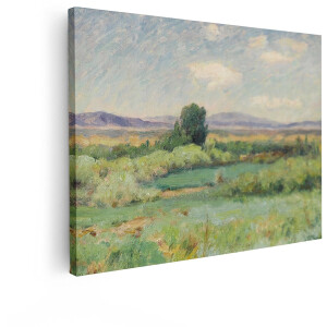 Artaza Canvas Schilderij Schilderachtig Landschap met Groene Velden en Bergen op de Achtergrond - 80x60 cm - Wanddecoratie Woonkamer - Schilderijen - Muurdecoratie