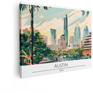 Artaza Canvas Schilderij Illustratieve Skyline van Austin - Texas met Weelderig Groen en Moderne Architectuur - 120x90 cm - Groot - Wanddecoratie Woonkamer - Schilderijen - Muurdecoratie