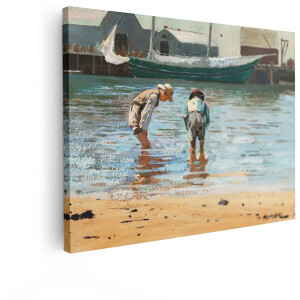 Artaza Canvas Schilderij Jongens Aan Het Water - 80x60 cm - Wanddecoratie Winslow Homer - Muurdecoratie Haven - Schilderijen Op Canvas Kust