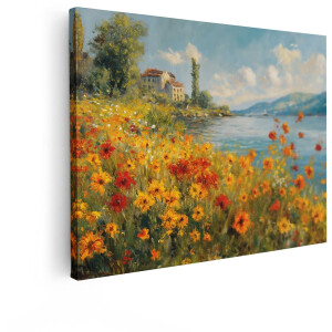 Artaza Canvas Schilderij Schilderij van een Bloeiende Bloemenweide aan een meer met Zeilboten - 120x90 cm - Groot - Wanddecoratie Woonkamer - Schilderijen - Muurdecoratie