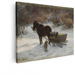 Artaza Canvas Schilderij Winterlandschap - 40x30 cm - Wanddecoratie Paard En Slee - Muurdecoratie Honden - Decoratie Klassiek - Kamer Accessoires