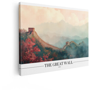 Artaza Canvas Schilderij De Grote Muur van China in de Herfst met Mistige Bergen en Zonsondergang - 40x30 cm - Klein - Wanddecoratie Woonkamer - Schilderijen - Muurdecoratie