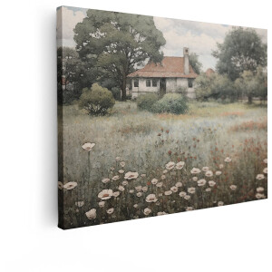 Artaza Canvas Schilderij Bloemenveld - 80x60 cm - Landelijke Wanddecoratie Huisje - Muurdecoratie Natuur - Decoratie Klaprozen Woonkamer