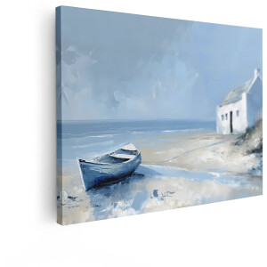 Artaza Canvas Schilderij Schilderij van een Wit Huisje met Boot aan de Kust in de Ochtendzon - 80x60 cm - Wanddecoratie Woonkamer - Schilderijen - Muurdecoratie