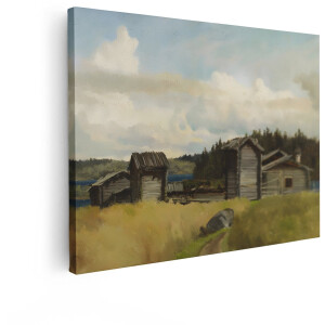 Artaza Canvas Schilderij Schilderij van een Rustiek Fins Dorpje aan het Water met Houten Gebouwen - 80x60 cm - Wanddecoratie Woonkamer - Schilderijen - Muurdecoratie