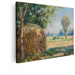 Artaza Canvas Schilderij Schilderij van een Hooiberg in een Zomers Landschap met Bomen en een Boerin - 40x30 cm - Klein - Wanddecoratie Woonkamer - Schilderijen - Muurdecoratie