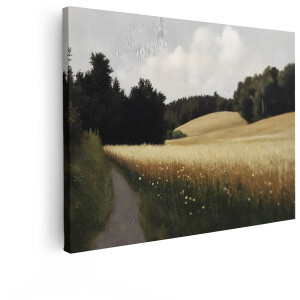 Artaza Canvas Schilderij Landschap - 80x60 cm - Wanddecoratie Landelijk Graanveld - Muurdecoratie Natuur Bospad - Schilderijen Op Canvas Woonkamer