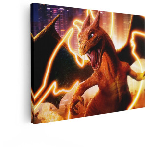 Artaza Canvas Schilderij Charizard - 120x90 cm - Pokemon Muurdecoratie - Wanddecoratie Draak - Decoratie Vuur - Jongenskamer Gaming