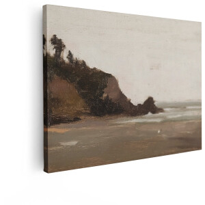 Artaza Canvas Schilderij Kustlijn - 80x60 cm - Wanddecoratie Zee - Muurdecoratie Strand - Decoratie Vintage Landschap - Bruin