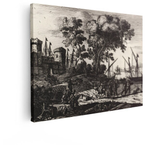 Artaza Canvas Schilderij Landschap Haven - 40x30 cm - Wanddecoratie Antieke Gravure - Muurdecoratie Zeilschepen - Kamer Accessoires Zwart Wit