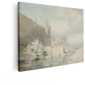 Artaza Canvas Schilderij Kasteel - 80x60 cm - Wanddecoratie Landschap - Muurdecoratie Vintage Aquarel - Decoratie Rivier Woonkamer