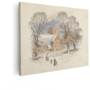Artaza Canvas Schilderij Schilderachtige Kerk in de Winter met Besneeuwde Bomen en Figuren op Weg - 40x30 cm - Klein - Wanddecoratie Woonkamer - Schilderijen - Muurdecoratie