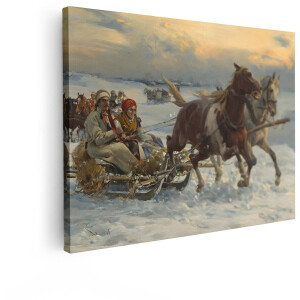 Artaza Canvas Schilderij Paarden Trekken een Slee door de Sneeuw met Mensen in Traditionele Kleding - 120x90 cm - Groot - Wanddecoratie Woonkamer - Schilderijen - Muurdecoratie