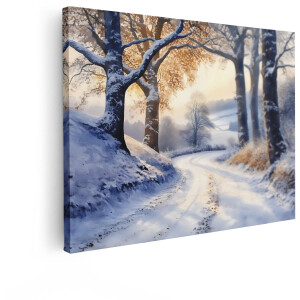Artaza Canvas Schilderij Sfeervolle Winterse Landweg met Besneeuwde Bomen en Gouden Ochtendzon - 80x60 cm - Wanddecoratie Woonkamer - Schilderijen - Muurdecoratie