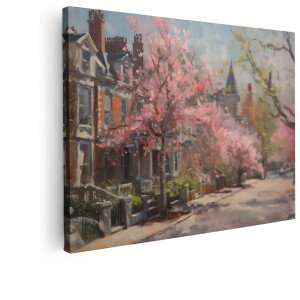 Artaza Canvas Schilderij Bloesem Straat - 80x60 cm - Wanddecoratie Landschap - Muurdecoratie Kersenbloesem - Decoratie Lente Woonkamer - Roze