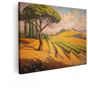 Artaza Canvas Schilderij Schilderachtig Toscaans Landschap met Wijngaarden en Cipressen onder een Bewolkte Hemel - 80x60 cm - Wanddecoratie Woonkamer - Schilderijen - Muurdecoratie