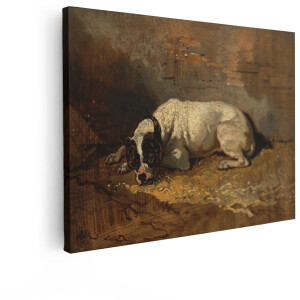 Artaza Canvas Schilderij Oude Schilderij van een Hond Die op Stro Ligt in een Schuur - 40x30 cm - Klein - Wanddecoratie Woonkamer - Schilderijen - Muurdecoratie