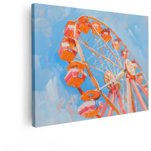 Artaza Canvas Schilderij Levendig Reuzenrad met Oranje Gondels tegen een Helderblauwe Lucht - 120x90 cm - Groot - Wanddecoratie Woonkamer - Schilderijen - Muurdecoratie