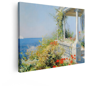 Artaza Canvas Schilderij Zonnige Veranda met Bloemen en Uitzicht op Zee met Zeilboten - 40x30 cm - Klein - Wanddecoratie Woonkamer - Schilderijen - Muurdecoratie