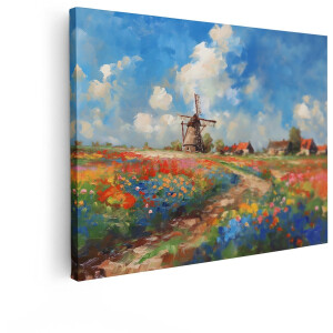 Artaza Canvas Schilderij Schilderachtig Hollands Landschap met Bloeiende Tulpenvelden en Molen - 80x60 cm - Wanddecoratie Woonkamer - Schilderijen - Muurdecoratie