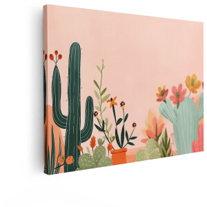 Artaza Canvas Schilderij Bloemen - 40x30 cm - Wanddecoratie Cactus - Muurdecoratie Bohemian - Boho Schilderijen Op Canvas - Roze