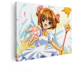 Artaza Canvas Schilderij Anime Meisje met Vleugels en Toverstaf - Omringd door Bloemblaadjes en een Vliegend Wezentje - 120x90 cm - Groot - Wanddecoratie Woonkamer - Schilderijen - Muurdecoratie