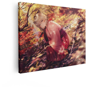 Artaza Canvas Schilderij Anime Meisje in Kimono met Zwaard in Herfstbos met Vlinders - 40x30 cm - Klein - Wanddecoratie Woonkamer - Schilderijen - Muurdecoratie