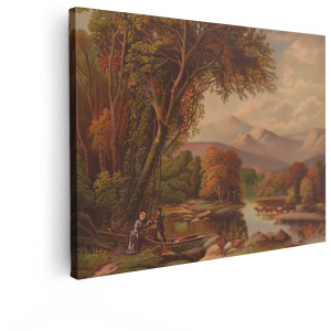 Artaza Canvas Schilderij Landschap - 80x60 cm - Wanddecoratie Bergen - Muurdecoratie Natuur - Decoratie Herfst Koeien - Schilderijen Op Canvas