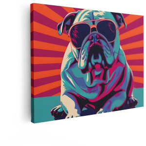 Artaza Canvas Schilderij Pop Art Bulldog met Zonnebril in Levendige Kleuren en Gestreepte Achtergrond - 40x30 cm - Klein - Wanddecoratie Woonkamer - Schilderijen - Muurdecoratie