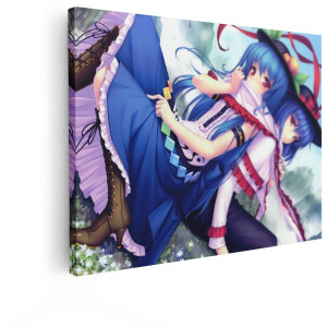 Artaza Canvas Schilderij Twee Anime Meisjes met Blauw haar Omhelzen Elkaar in een Weelderige - Groene Omgeving - 120x90 cm - Groot - Wanddecoratie Woonkamer - Schilderijen - Muurdecoratie