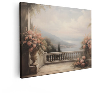 Artaza Canvas Schilderij Italiaans Landschap - 80x60 cm - Wanddecoratie Romantisch - Muurdecoratie Bloemen Balkon - Decoratie Zee Vintage