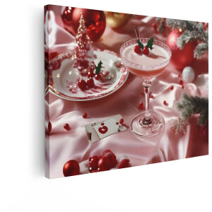 Artaza Canvas Schilderij Feestelijke Kerstcocktail met Rode Bessen en Decoraties op Satijn - 40x30 cm - Klein - Wanddecoratie Woonkamer - Schilderijen - Muurdecoratie