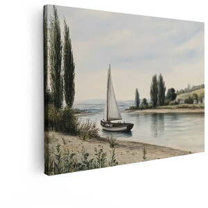Artaza Canvas Schilderij Landschap - 80x60 cm - Wanddecoratie Zeilboot Rivier - Muurdecoratie Natuur - Klassieke Schilderijen Op Canvas