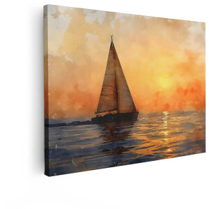 Artaza Canvas Schilderij Zeilboot Vaart op de Oceaan tijdens een Gouden Zonsondergang met Reflecties - 40x30 cm - Klein - Wanddecoratie Woonkamer - Schilderijen - Muurdecoratie