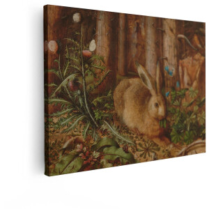 Artaza Canvas Schilderij Gedetailleerd Boslandschap met een Konijn dat Blaadjes Eet en Andere Dieren - 120x90 cm - Groot - Wanddecoratie Woonkamer - Schilderijen - Muurdecoratie