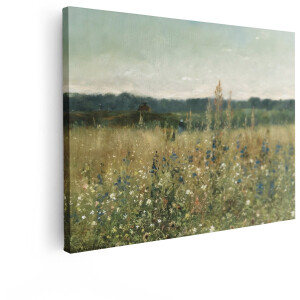 Artaza Canvas Schilderij Schilderij van een Zomerse Bloemenweide met een Boerderij op de Achtergrond - 120x90 cm - Groot - Wanddecoratie Woonkamer - Schilderijen - Muurdecoratie