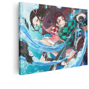 Artaza Canvas Schilderij Anime Broer en Zus Vechten met Zwaarden in Water - Demon Slayer Stijl - 120x90 cm - Groot - Wanddecoratie Woonkamer - Schilderijen - Muurdecoratie