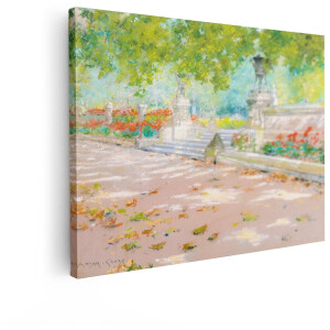 Artaza Canvas Schilderij Zonnige Parkscène met Bloemen en Vallende Bladeren - Impressionistische Stijl - 40x30 cm - Klein - Wanddecoratie Woonkamer - Schilderijen - Muurdecoratie