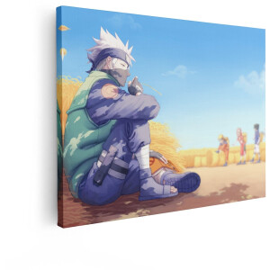Artaza Canvas Schilderij Kakashi en Team 7 Werken Samen in een Gouden Graanveld onder de Blauwe Hemel - 80x60 cm - Wanddecoratie Woonkamer - Schilderijen - Muurdecoratie