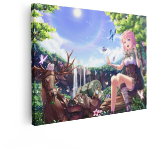 Artaza Canvas Schilderij Anime Meisje met Roze haar Zit in een Bos met Vlinders en een Hert - 40x30 cm - Klein - Wanddecoratie Woonkamer - Schilderijen - Muurdecoratie