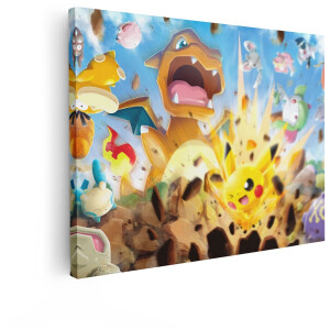 Artaza Canvas Schilderij Pikachu en Charizard Vechten met Andere Pokémon in een Explosieve Strijd - 80x60 cm - Wanddecoratie Woonkamer - Schilderijen - Muurdecoratie