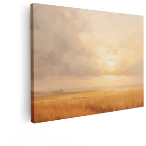 Artaza Canvas Schilderij Zonsondergang - 80x60 cm - Wanddecoratie Landschap - Muurdecoratie Landelijk - Schilderijen Natuur - Goud