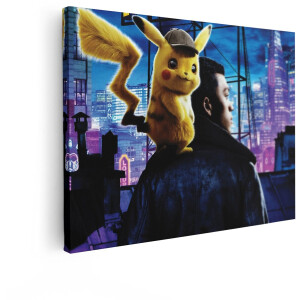 Artaza Canvas Schilderij Detective Pikachu en Tim Goodman Kijken 'S Nachts Uit over een Neonverlichte Stad - 40x30 cm - Klein - Wanddecoratie Woonkamer - Schilderijen - Muurdecoratie