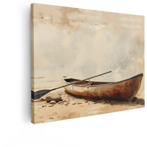 Artaza Canvas Schilderij Een Roeiboot met Peddel op een Zandstrand - Geschilderd in Aquarel - 120x90 cm - Groot - Wanddecoratie Woonkamer - Schilderijen - Muurdecoratie