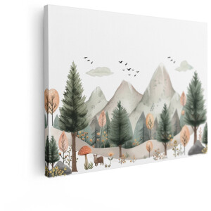 Artaza Canvas Schilderij Berglandschap - 120x90 cm - Wanddecoratie Kinderkamer - Muurdecoratie Bos Aquarel - Decoratie Bomen En Vogels