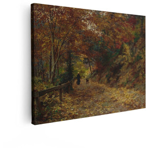 Artaza Canvas Schilderij Herfstbos - 80x60 cm - Wanddecoratie Landschap - Muurdecoratie Vrouw met Hond - Decoratie Natuur Schilderij