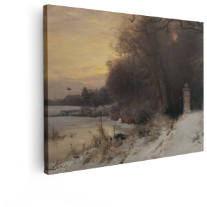 Artaza Canvas Schilderij Schilderij van een Winterse Zonsopgang met een Bevroren Rivier en Bomen - 80x60 cm - Wanddecoratie Woonkamer - Schilderijen - Muurdecoratie