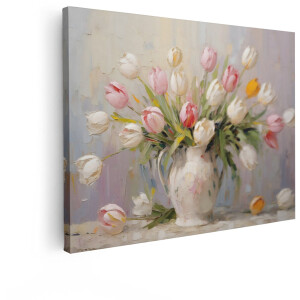 Artaza Canvas Schilderij Schilderij van een Vaas met Tulpen in Pastelkleuren - Impressionistische Stijl - 120x90 cm - Groot - Wanddecoratie Woonkamer - Schilderijen - Muurdecoratie