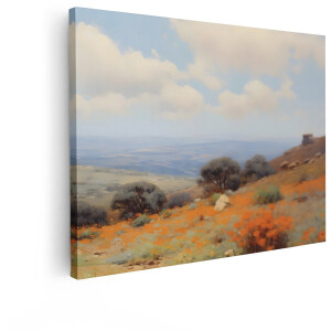 Artaza Canvas Schilderij Schilderachtig Landschap met Bloeiende Klaprozen en Oude Ruïne op een Heuvel - 120x90 cm - Groot - Wanddecoratie Woonkamer - Schilderijen - Muurdecoratie